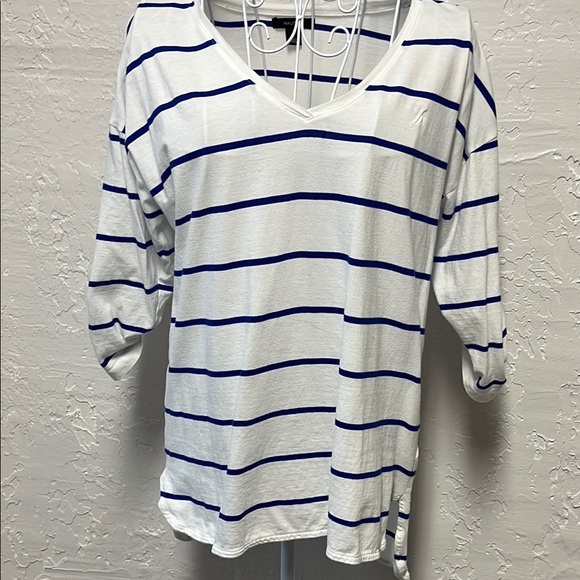 Nautica White and Blue Striped Boxy Long Sleeve 3/4 Length Top Tee - Picture 4 of 10